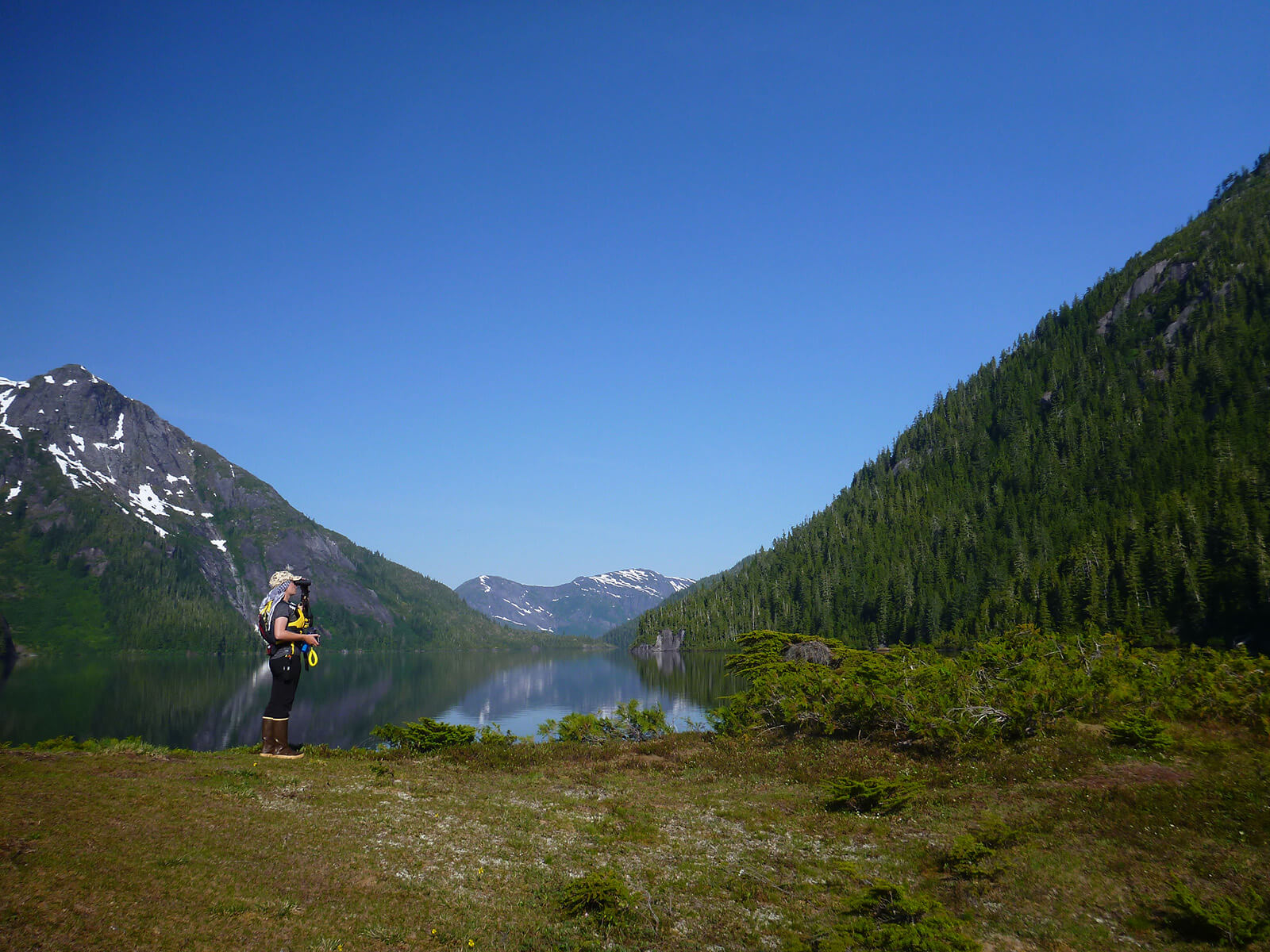 a hiker standing in front of the river in Misty Fjords National Monument Wilderness Park